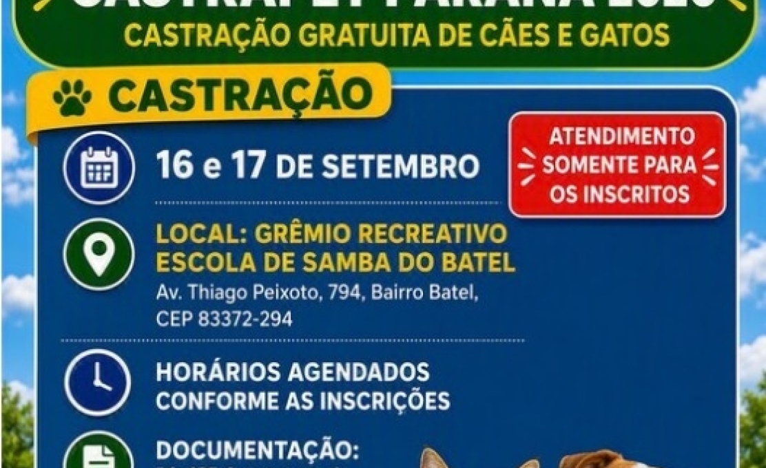 Antonina recebe nova etapa do Programa CastraPet Paraná nos dias 16 e 17 de setembro
