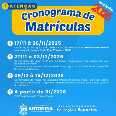 Prefeitura de Antonina divulga cronograma de matrículas da Rede Municipal de Ensino para 2026
