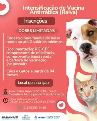 Prefeitura de Antonina abre inscrições para a Vacinação Antirrábica de cães e gatos