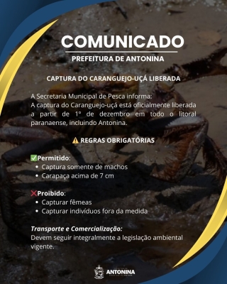 AVISO IMPORTANTE – CAPTURA DO CARANGUEJO-UÇÁ LIBERADA