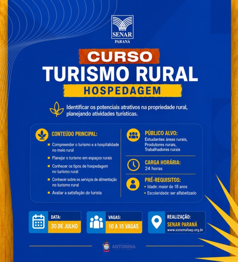 Prefeitura de Antonina abre inscrições para curso gratuito de Turismo Rural – Hospedagem