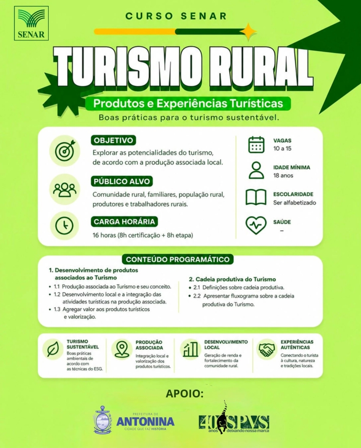 SENAR abre inscrições para cursos gratuitos de Turismo Rural e Sustentabilidade com apoio da Prefeitura de Antonina
