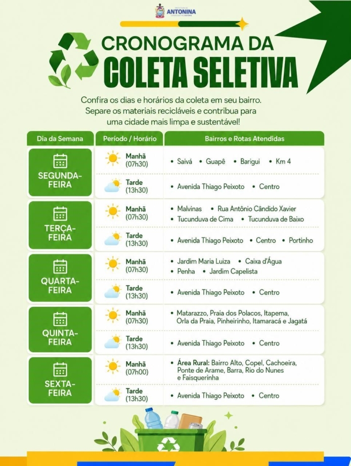 Prefeitura de Antonina divulga cronograma da coleta seletiva