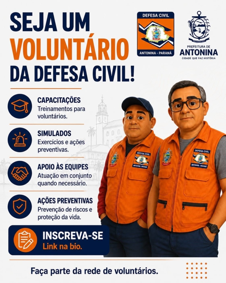 Defesa Civil de Antonina abre inscrições para voluntários