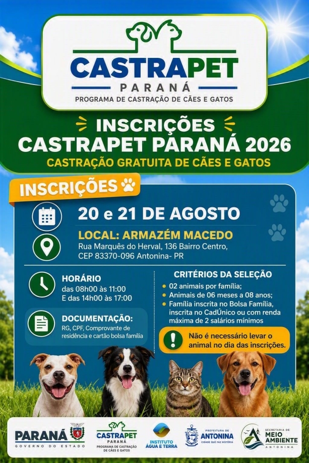 Antonina recebe inscrições para o Castrapet Paraná 2026 com castração gratuita de cães e gatos