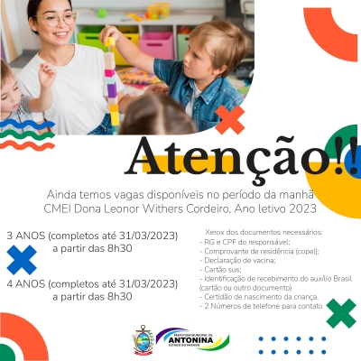 Prefeitura de Antonina informa que ainda existem vagas disponíveis para o CMEI