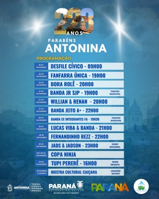Antonina celebra 228 anos com atrações, shows e uma programação completa para os antoninenses