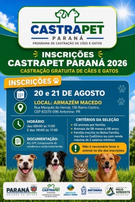 Antonina recebe inscrições para o Castrapet Paraná 2026 com castração gratuita de cães e gatos