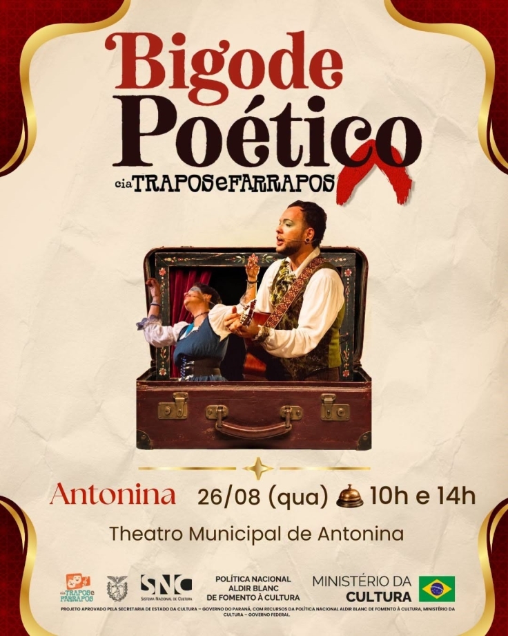Espetáculo Bigode Poético será apresentado em Antonina com entrada gratuita